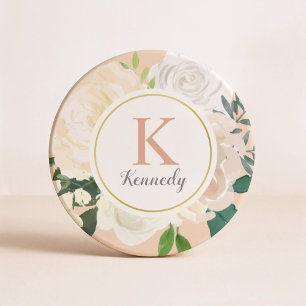 Blush Floral Greenery Rose Gold Monogram Coaster