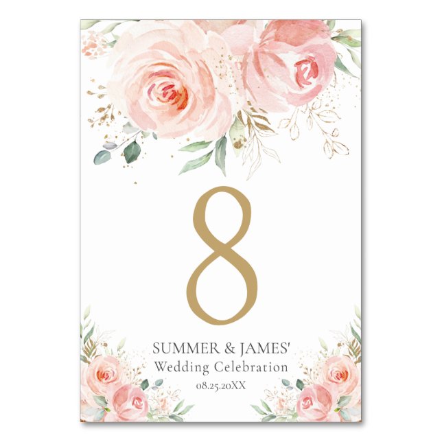 Blush Floral Greenery Wedding Bridal Baby Shower Table Number (Front)