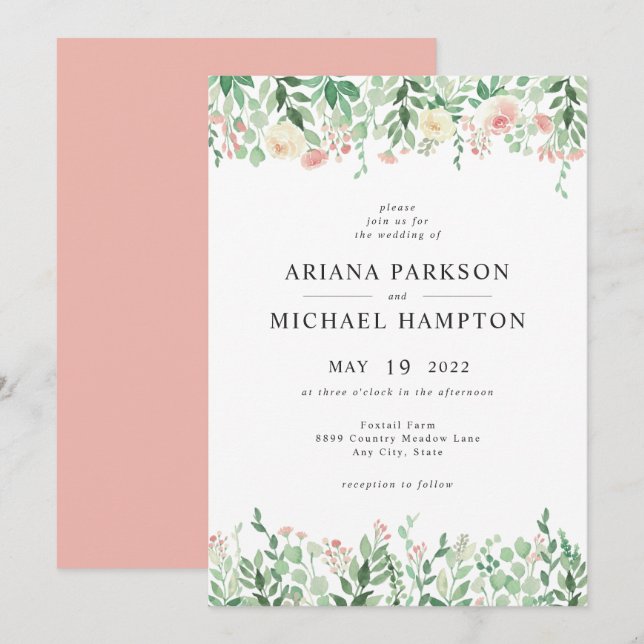 Blush Floral Greenery wedding invitation 4196 (Front/Back)