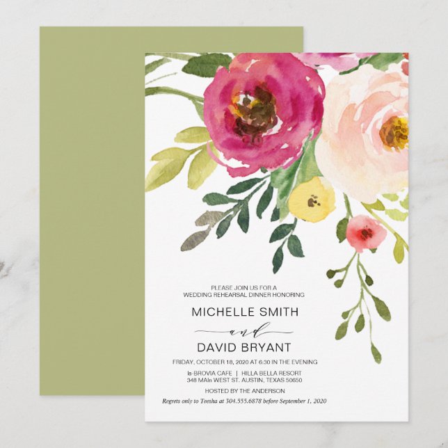Blush Floral, Greenery, Wedding Rehearsal Dinner Invitation (Front/Back)