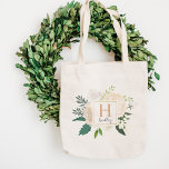 Blush Floral Greenery Wreath Wedding Monogram Tote Bag<br><div class="desc">A delicate wreath of lush greenery and soft blush watercolor blooms frames a personalized monogram initial and name on this elegant tote. A beautiful bridal party keepsake with a garden-inspired feel that also makes a thoughtful gift for any occasion. Initial and name are fully customizable.</div>