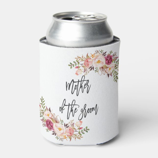 Blush Floral Handwriting Mother of the Groom Can Cooler (Can Front)