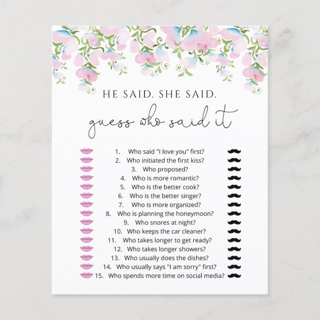 Blush Floral He Said She Said Guess Game Cards (Front)