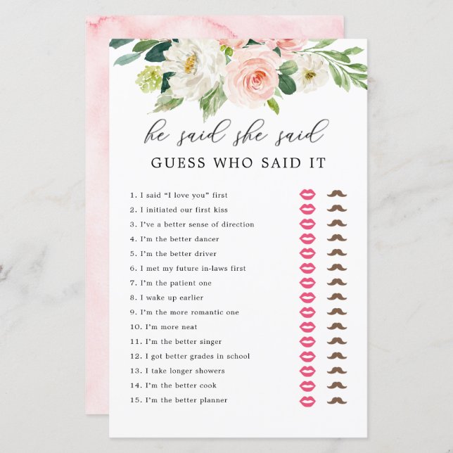Blush Floral He Said She Said Guess Game Cards (Front/Back)