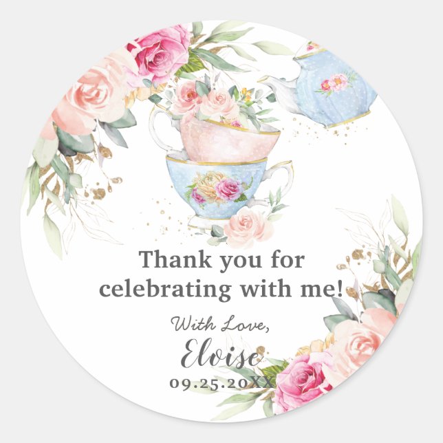 Blush Floral High Tea Party Baby Bridal Birthday Classic Round Sticker (Front)