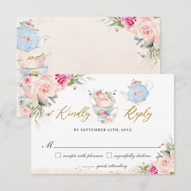 Blush Floral High Tea Party Baby Bridal Shower RSVP Card (Front/Back)