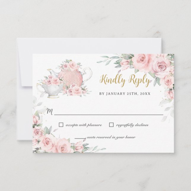 Blush Floral  High Tea Party Kindly Reply RSVP Card (Front)