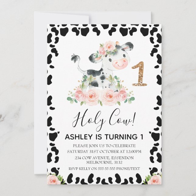 Blush Floral Holy Cow Cow Print 1st Birthday Invitation (Front)