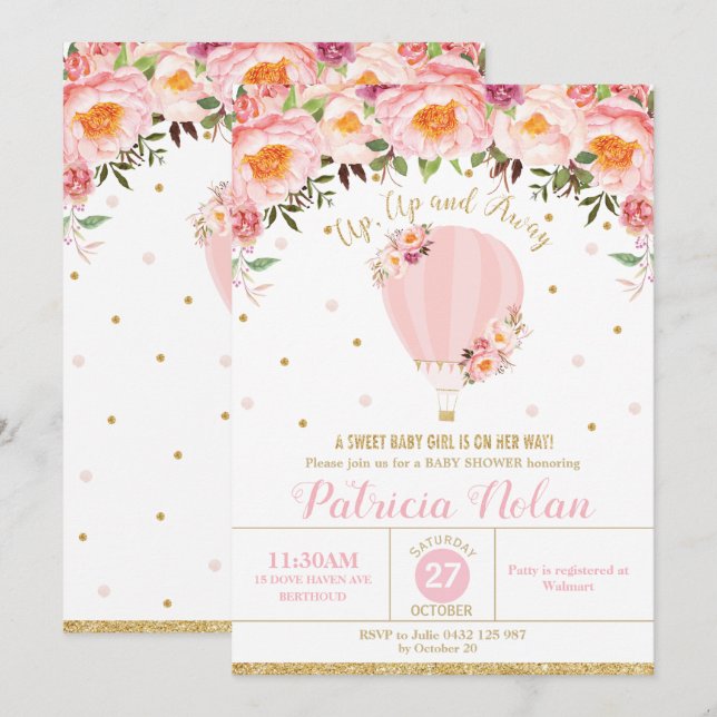 Blush Floral Hot Air Balloon Baby Shower Baby Girl Invitation (Front/Back)