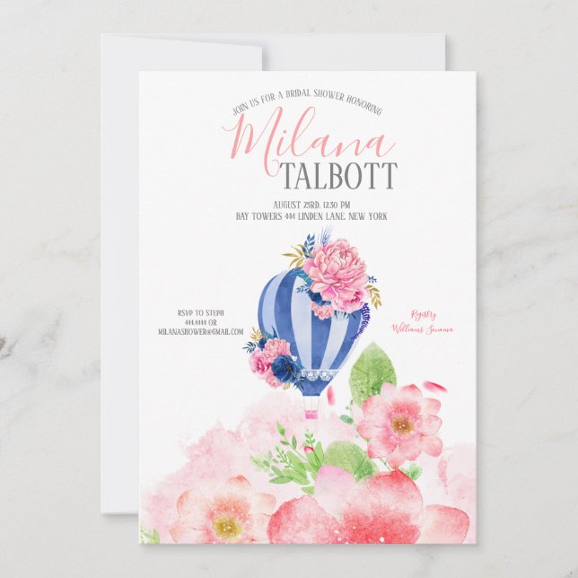 Blush Floral Hot Air balloon bridal shower Invitation (Front)
