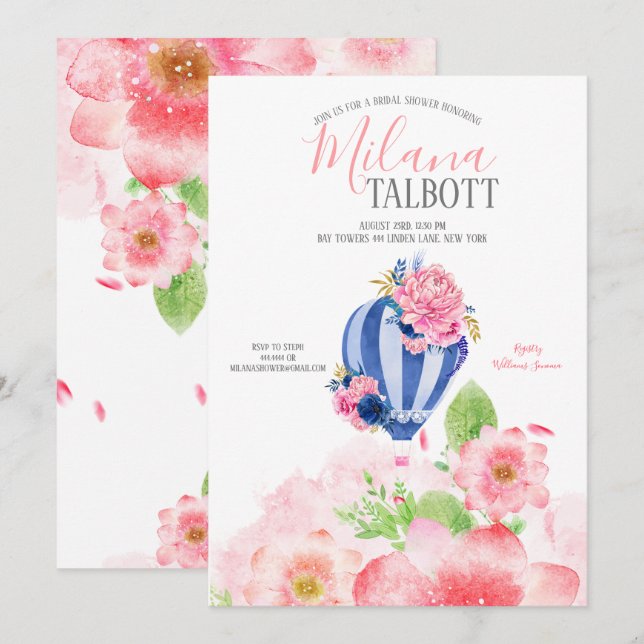 Blush Floral Hot Air balloon bridal shower Invitation (Front/Back)