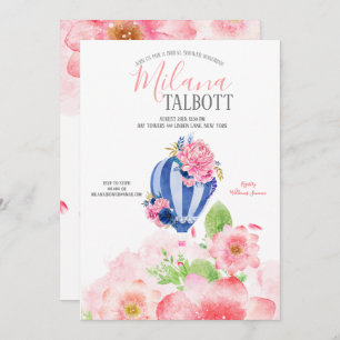Blush Floral Hot Air balloon bridal shower Invitation