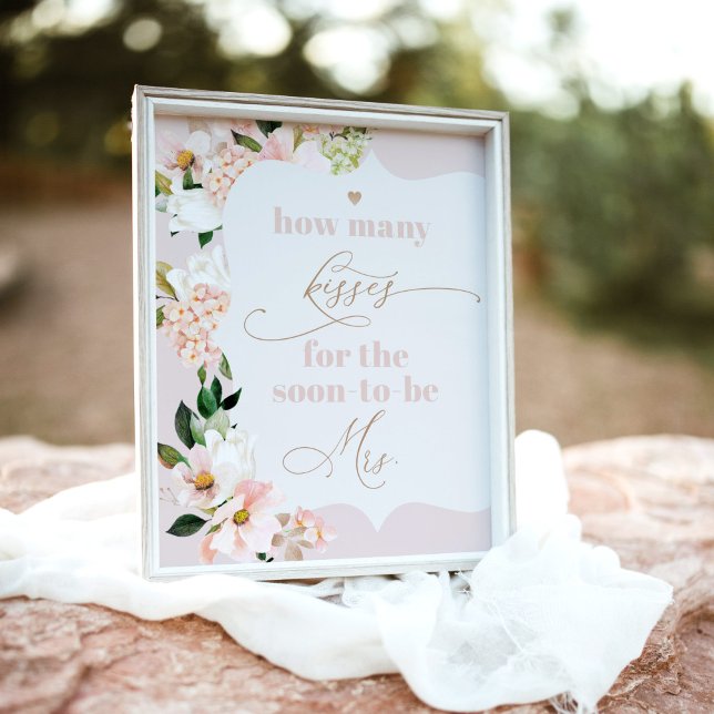 Blush floral how many kisses bridal shower game poster (Creator Uploaded)