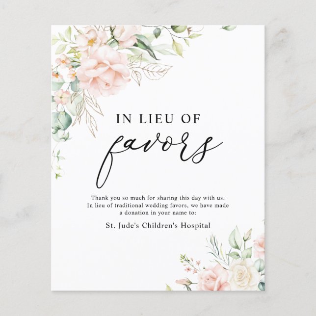 Blush Floral In Lieu of Favours Donation Sign (Front)