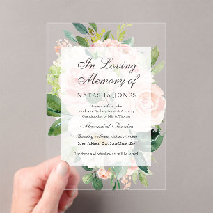 Blush Floral Leaf Clear Acrylic Memorial Service Invitations