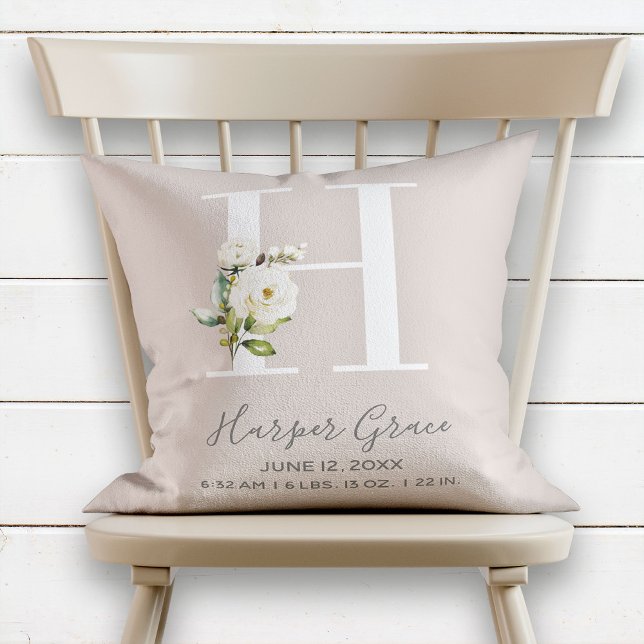Blush Floral Letter H Monogram Baby Birth Stats Cushion (Creator Uploaded)