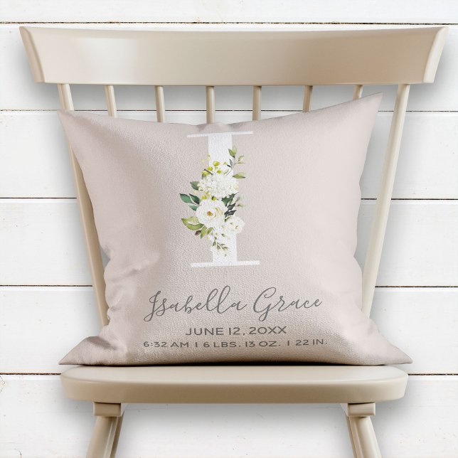 Blush Floral Letter I Monogram Baby Birth Stats Cushion (Creator Uploaded)