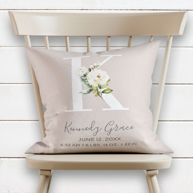 Blush Floral Letter K Monogram Baby Birth Stats Cushion (Creator Uploaded)