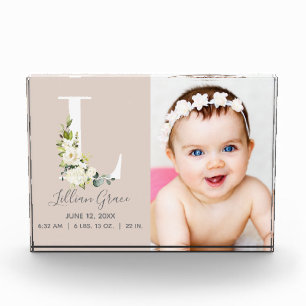 Blush Floral Letter L Photo Monogram Birth Stats