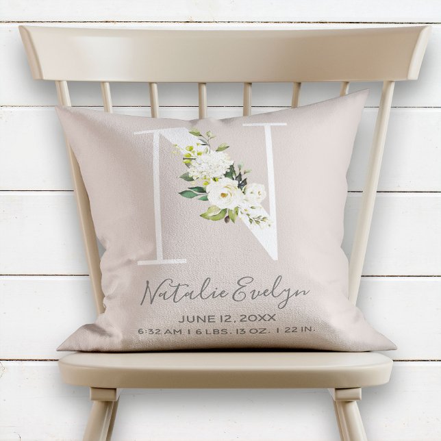 Blush Floral Letter N Monogram Baby Birth Stats Cushion (Creator Uploaded)