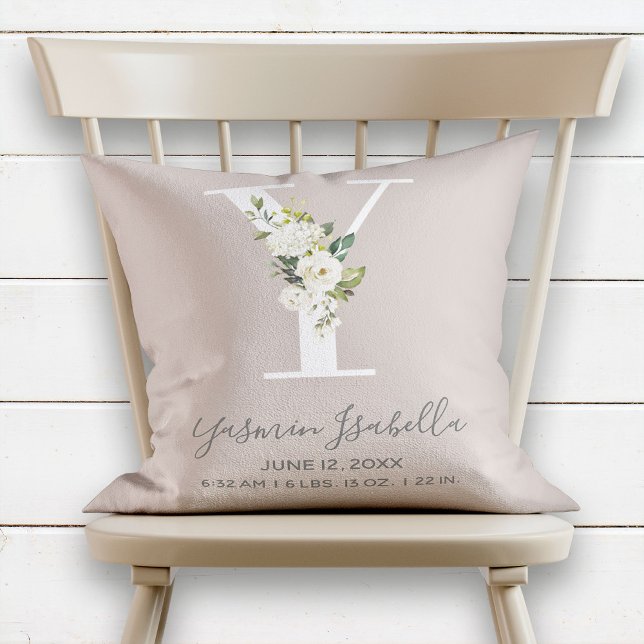 Blush Floral Letter Y Monogram Baby Birth Stats Cushion (Creator Uploaded)