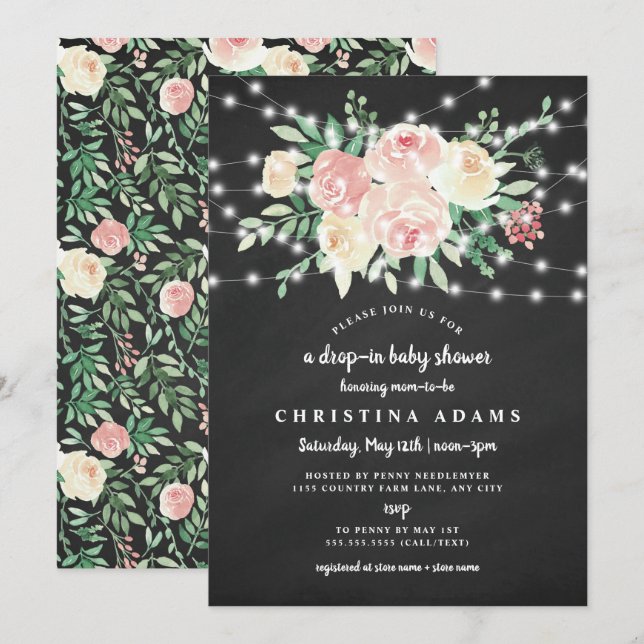 Blush Floral lights drop in girl baby shower Invitation (Front/Back)