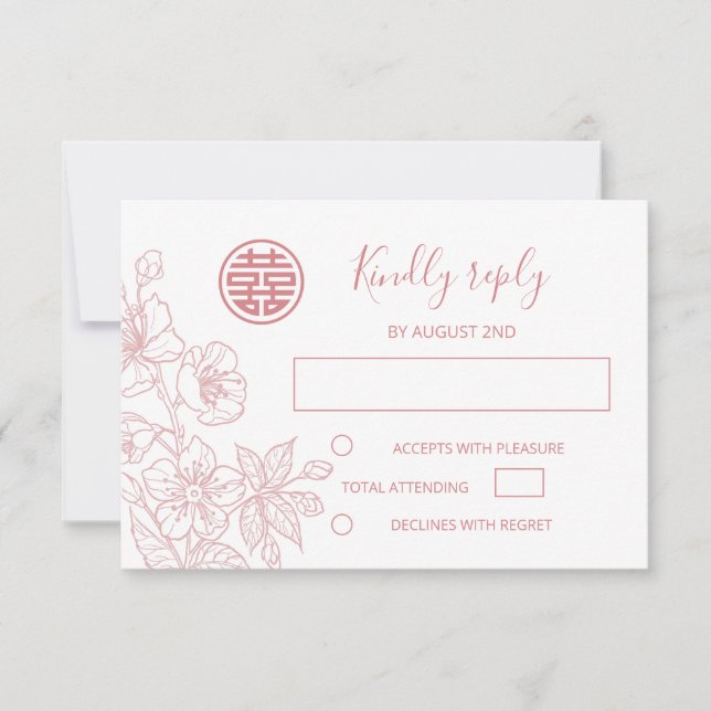 Blush Floral Line Art Chinese Wedding RSVP (Front)
