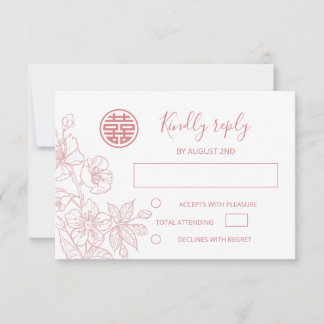 Blush Floral Line Art Chinese Wedding RSVP Card