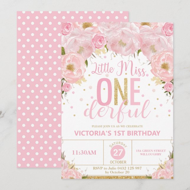 Blush Floral Little Miss Onederful 1st Birthday Invitation (Front/Back)