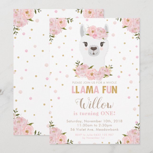 Blush Floral Llama Birthday Invitation (Front/Back)