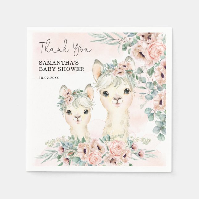 Blush Floral Llama Mama Eucalyptus Baby Shower Napkin (Front)