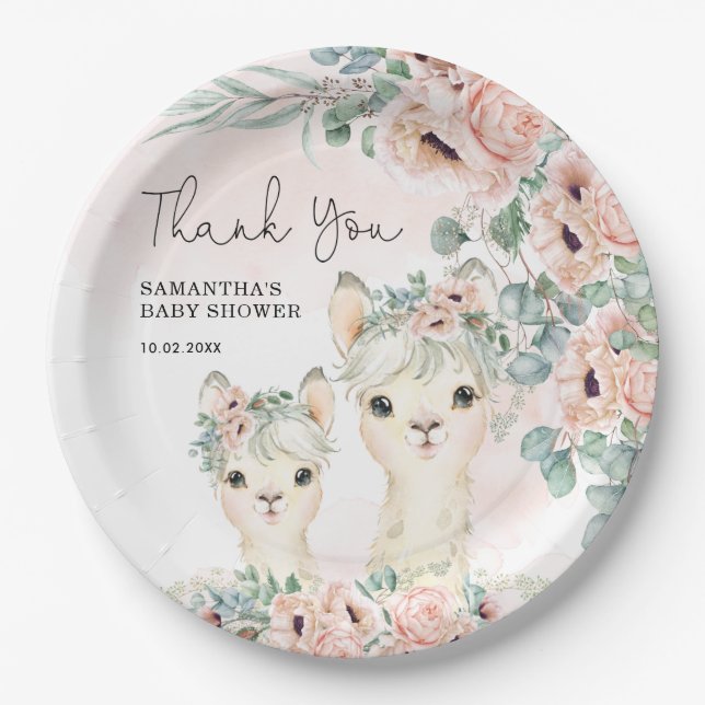 Blush Floral Llama Mama Eucalyptus Baby Shower Paper Plate (Front)