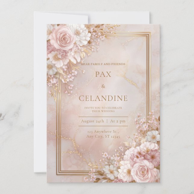 Blush Floral Marble Gilded Frame Wedding Invitation (Front)