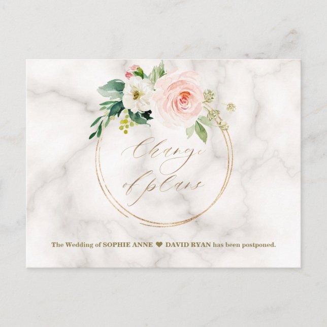 Blush Floral Marble Gold Change Of Plans Wedding Postcard (Front)