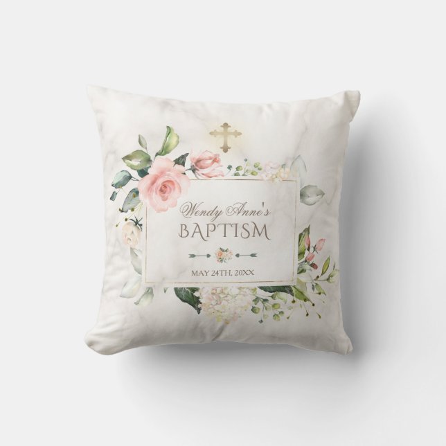 Blush Floral Marble Gold Cross Baptism Monogram Cushion (Front)