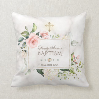 Blush Floral Marble Gold Cross Baptism Monogram Cushion
