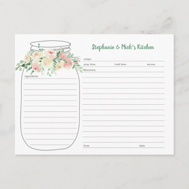 Blush Floral Mason Jar Newlywed Recipe Cards (Front)