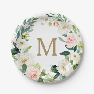 Blush Floral Monogram Bridal Shower Paper Plate