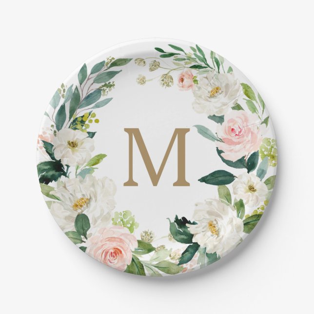 Blush Floral Monogram Bridal Shower Paper Plate (Front)