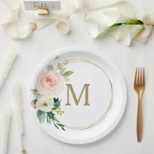 Blush Floral Monogram Bridal Shower Paper Plate