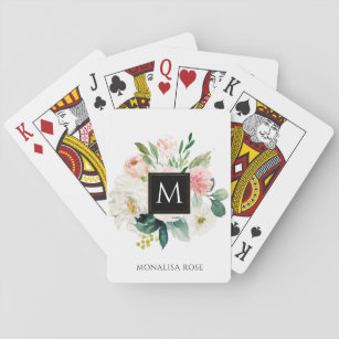 blush floral monogram playing cards