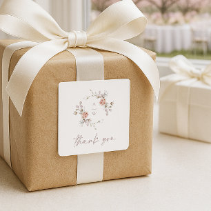 Blush Floral Monogram “Thank You” Wedding Square Sticker