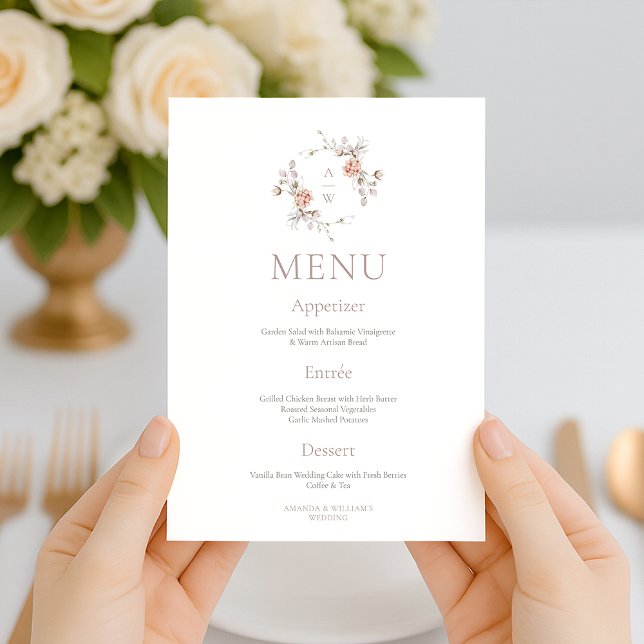 Blush Floral Monogram Two-Sided Wedding Menu Invitation (Creator Uploaded)
