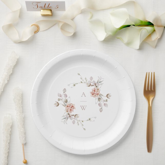 Blush Floral Monogram Wedding Paper Plates  (Wedding)