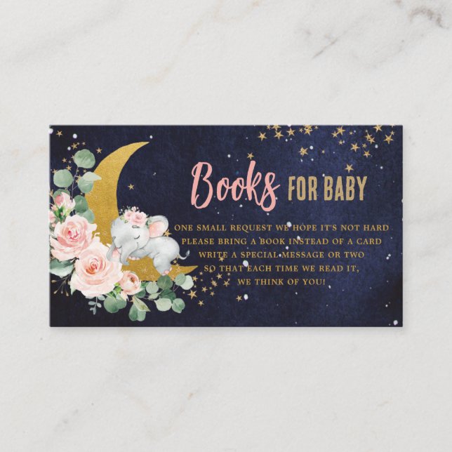 Blush Floral Moon Cute Elephant Books for Baby  Enclosure Card (Front)
