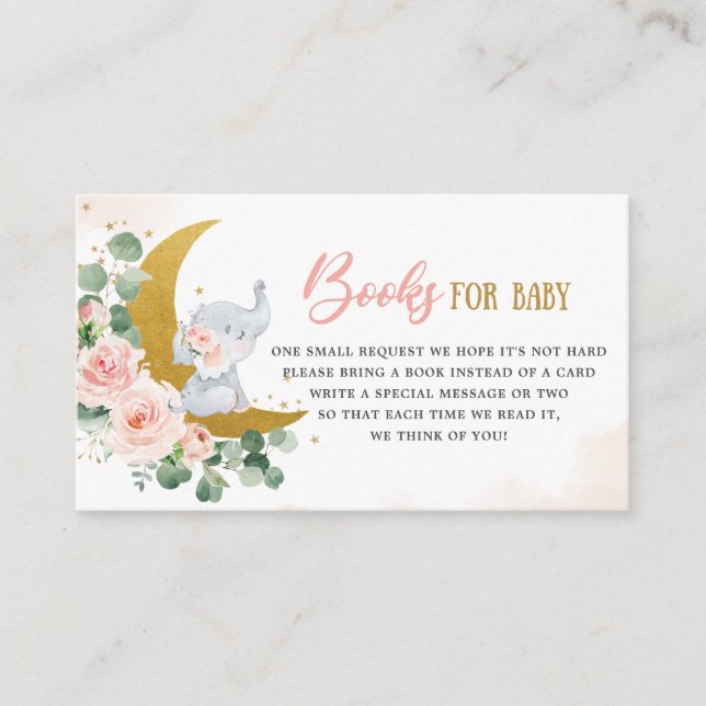 Blush Floral Moon Elephant Shower Books for Baby Enclosure Card (Front)