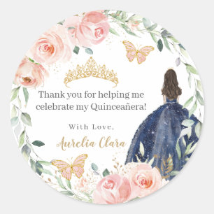 Blush Floral Navy Blue Dress Quinceañera Sweet 16 Classic Round Sticker