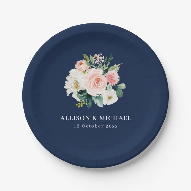 blush floral navy blue wedding paper plate (Front)