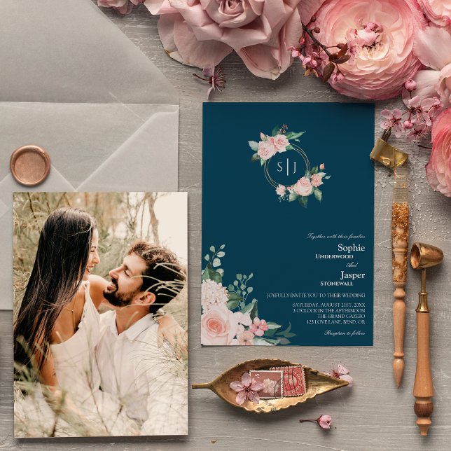 Blush Floral Navy Monogram Photo Wedding Invitation (Creator Uploaded)