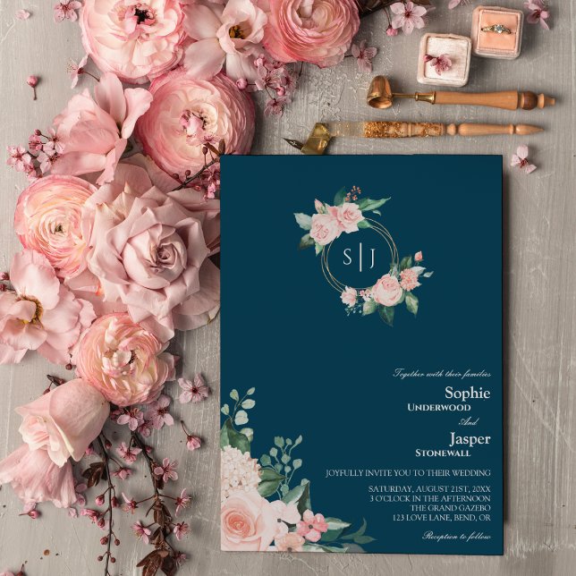Blush Floral Navy Monogram Wedding Invitation (Creator Uploaded)